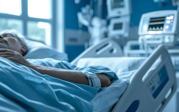 A male patient lays in a hospital bed with monitors and a window in the background.